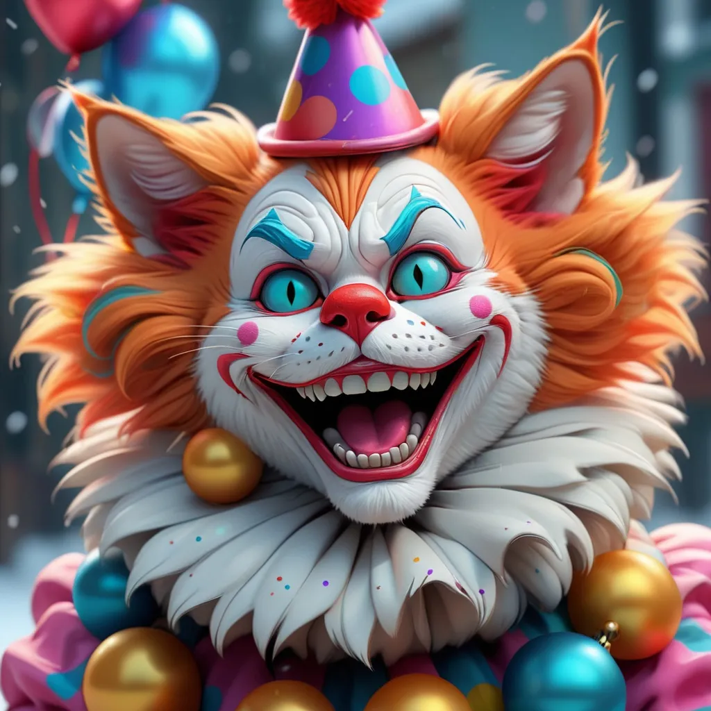 Prompt: Clown cat, happy new year vibes, style by loish, holiday, snow, ultra hd, realistic, vivid colors, highly detailed, UHD drawing, pen and ink, perfect composition, beautiful detailed intricate insanely detailed octane render trending on artstation, 8k artistic photography, photorealistic concept art, soft natural volumetric cinematic perfect light