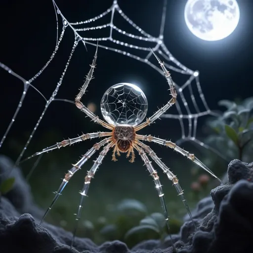 Prompt: Transparent crystal spider, residing in a delicate web of intertwined strands, every facet glistening under the subtle illumination of the moonlight, foreground focus, depth of field, moonlit night backdrop, digital render, macro perspective, eerie tranquility, vivid hues, intricate detail, surreal masterpiece