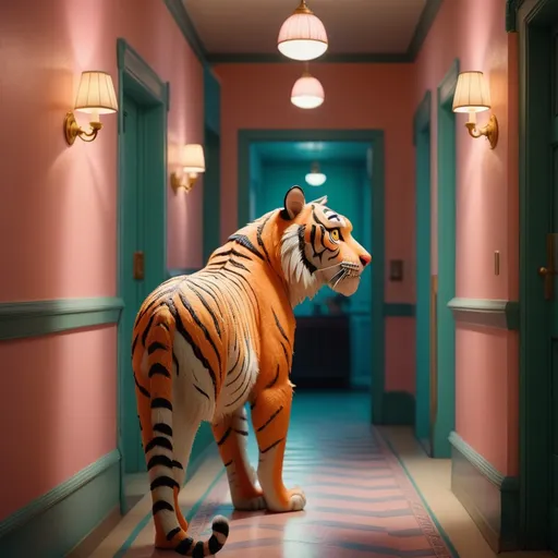 Prompt: (extreme long shot), profile of a tiger standing at the end of a hallway in Wes Anderson Hotel, cinematic pastel lighting, cinematic photo, focus, film, professional, 4k, highly detailed