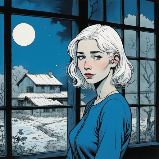 Prompt: Illustration by Hergé of a lonely young woman with white hair and blue eyes, bang. gloomy, magic, ink and pen, dark blue scheme color, past colors. Whole body. glass house.