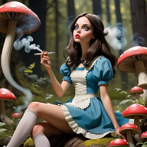 Prompt: ((realistic)) ((highly detailed)) ((Breathtaking beautiful attractive close-up full-body)) ((high-tripping ((in a smokey area)) Bohemian Disney Princess ((American Mcgee's Alice)) in Wonderland (((blowing smoke from her mouth))) sitting with leg dangle with one leg dangling off the ground sitting on a giant mushrooms growing)) ((pin-up art)) ((by Brian Kesinger)), ((by Android Jones)), ((by Alayna Lemmer)), ((by Hannah Yata)), ((by Charlie Bowater)), ((by Jimmy Lawlor)), ((by John William Waterhouse)), ((detailed background by Jeff Legg)), (wearing flower hair wreath) and (hemp and mini-dress) and ballet flats, Marijuana growing.