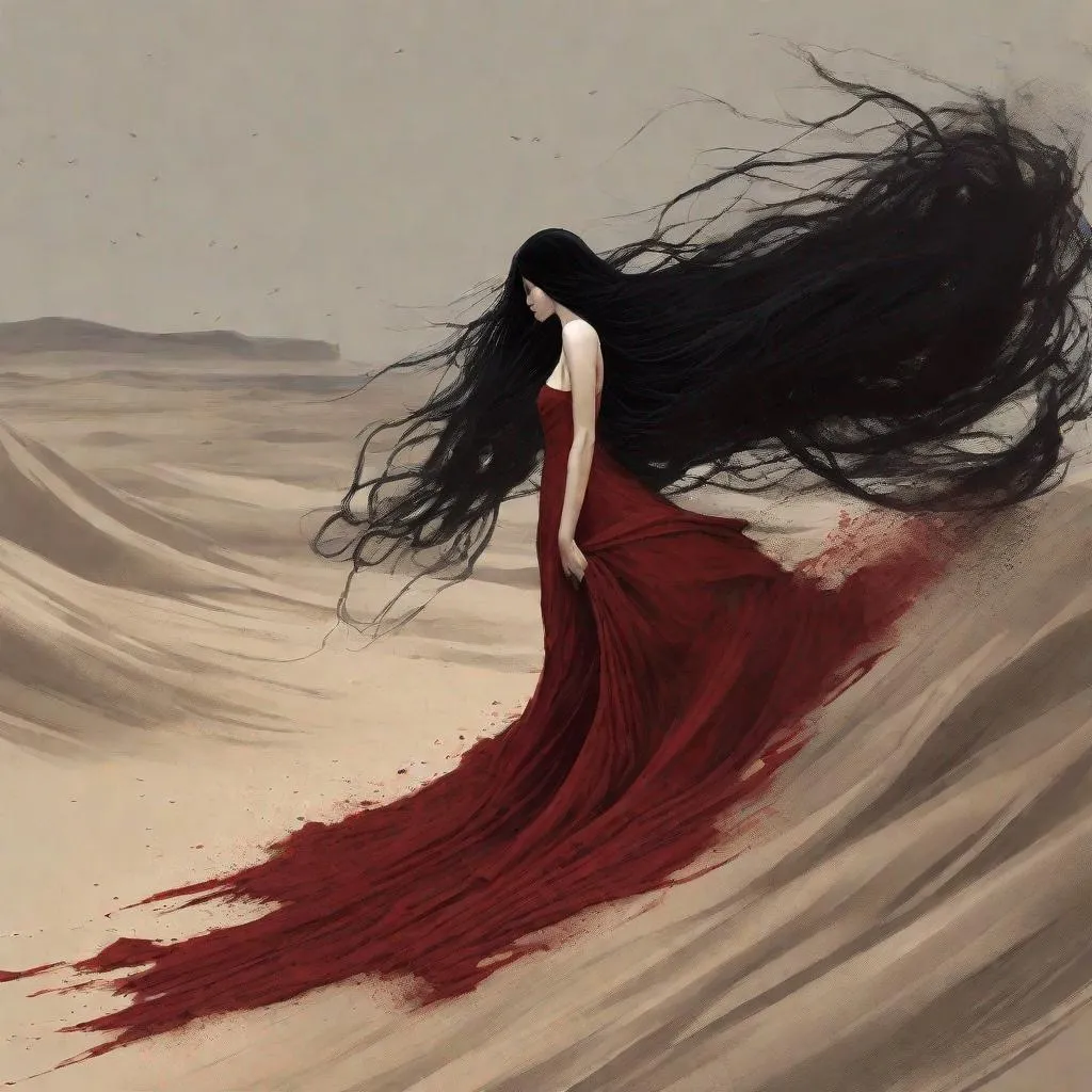 Prompt: A bewitching woman in a torn carmine dress, her long black hair covered in sand. She was almost inhumanly beautiful

She had long hair that fell like a waterfall of black silk and wore a simple dress of carmine fabric, which nevertheless looked regal and mesmerizing on her slender figure. Her face was a little aloof, and a little humorous. It was the kind of face one never wanted to look away from.

She seemed almost irresistibly alluring, breathtaking, and tantalizing. She was tall, with fair skin and red, sensual lips. Her cold beauty was only made more striking by her inviting dark eyes, which were full of strength and willpower