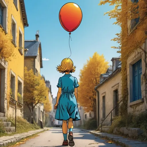 Prompt: detailed, vibrant illustration of a girl holding a balloon, by Herge, in the style of Tin-Tin comics, vibrant colors, detailed, sunny day, attention to detail, 8k