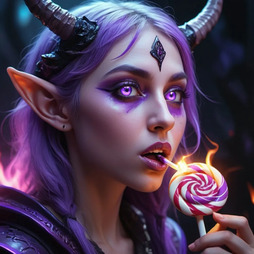 Prompt: hyper realistic angled side shot masterpiece of a sharp focused elf woman on purple fire dramatically licking a lollipop, hyperdetailed purple eyes, long eyelashes, black tears and lamb horns, image bathed in flickering purple fire, dark themed neon colors, refined, noisy, bright, moody, concept art, Meaningful Visual Art, Detailed Painting, Digital Illustration, Unreal Engine 5, 32k maximalist, hyperdetailed fantasy art, 3d digital art, sharp focus,