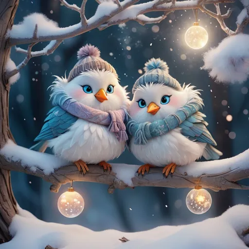 Prompt: fantasy cutiest fluffiest bird couple wearing warm clothes, 
sitting on a snowy tree branch in winter wonderland, 
it is snowing gently in the moonlight reflections in the winter forrest, 
swirls of fantasy snowflakes particles, 
fairy, 
fantasy, 
Mysterious, 
best quality, 
approaching perfection, 
mythical being, 
breathtaking beauty, 
pure perfection, 
divine presence, 
unforgettable, 
masterpiece, 