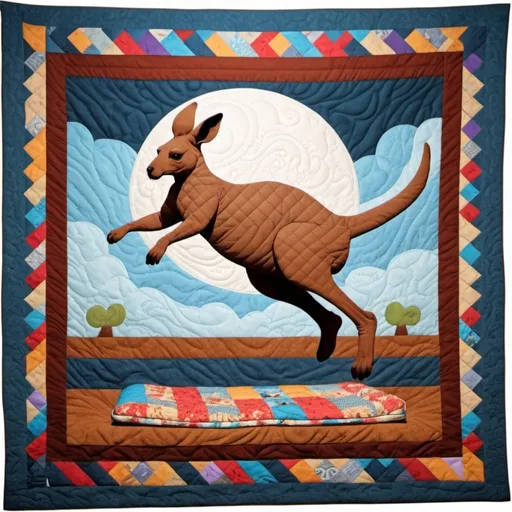 Prompt: a Bed Levitating in the air with a kangaroo bouncing on it, in quilting art style