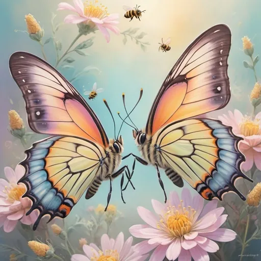Prompt: Butterfly and Bee hugging, digital painting, delicate and vibrant, soft pastel tones, ethereal lighting, intricate wing details, heartwarming embrace, whimsical, high quality, soft pastels, digital painting, delicate details, vibrant colors, ethereal lighting, heartwarming embrace, whimsical atmosphere, intricate wings