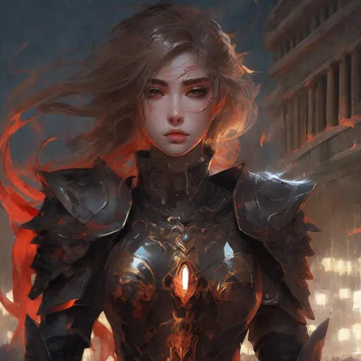 Prompt: portrait knights of Zodiac girl+smoky eyes, black fire red color reflected armor, in ruined Agora of Athens rainy night, ssci-fi and fantasy, intricate and very very beautiful and elegant, highly detailed, digital painting, artstation, concept art, smooth and sharp focus, illustration, art by tian zi and WLOP and alphonse mucha