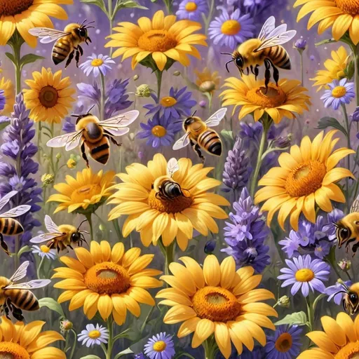 Prompt: Prompt: Vibrant field of wildflowers, buzzing bees gathering pollen, colorful beehives, blooming sunflowers, lavender bushes, delicate daisies, honeycomb patterns, intricate details, 3D, warm natural colors, soft sunlight filtering through petals, macro photography , detailed focus on bees and flowers, nature-inspired artwork, magical image

Hyper-Realism