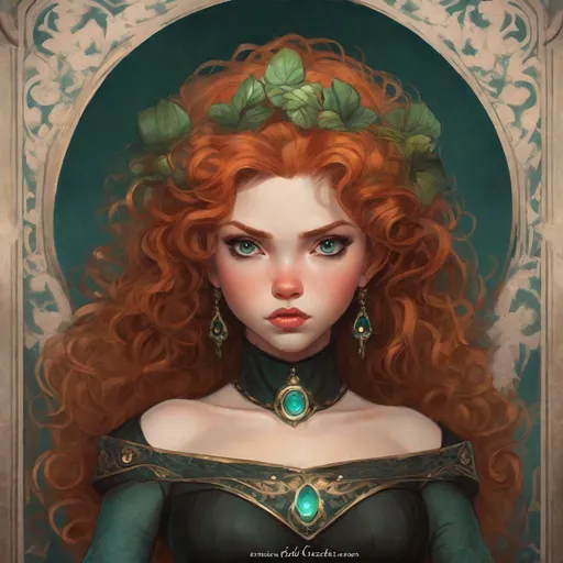 Prompt: a modern gothic lolita version of Princess Merida, face, fantasy, intricate, elegant, highly detailed, digital painting, artstation, concept art, smooth, sharp focus, illustration, art by Gerald Brom and Jasmine Becket-Griffith and Fernanda Suarez and alphonse mucha