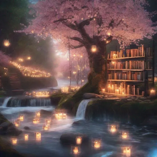 Prompt: A cherry tree forest with bookshelves and fairy lights and candles with a river and waterfall
