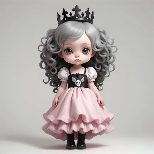 Prompt: Portrait and shot full body of a very cute dark fairy gothic chibi girl in halloween time , wearing a black crown in her head , wearing a white and grey and pink  long dress ,kewpie fairy clothes,,white background , long curly hair oil paint vray, by stanley artgerm and tom bagshaw