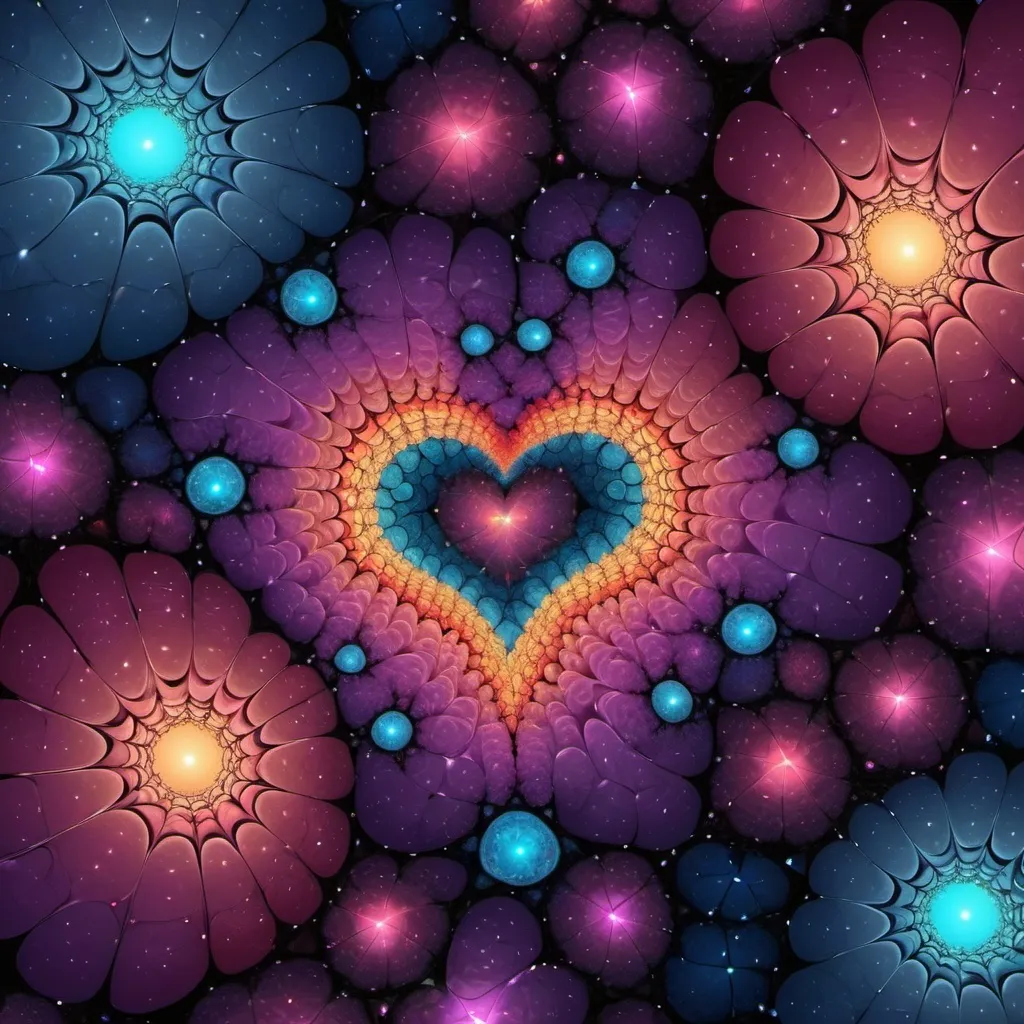 Prompt: Happy Valentine's day. Surrounded by full color voronoi stars in julia fractal sky planets stars nebulas and fibonacci galaxies background and foreground full color julia sets fractal Formula: z² + c + (z² + c) / (3z³ + c) voronoi ocean