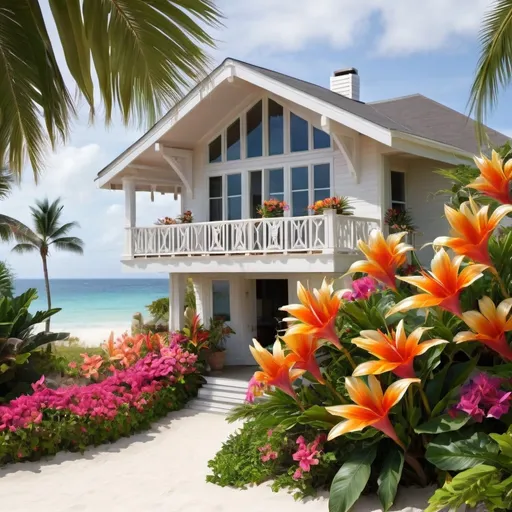 Prompt: a beach house, flowers, tropical, gorgeous