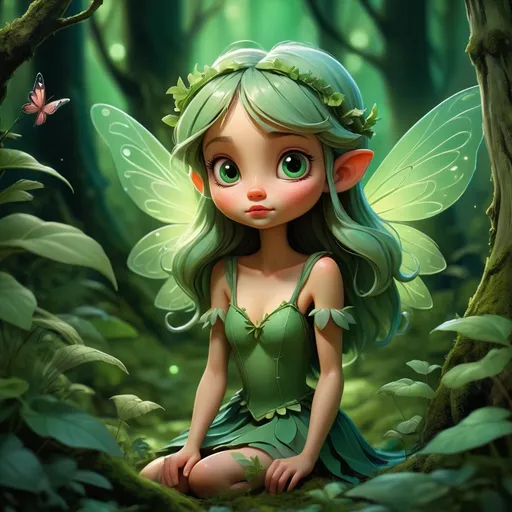 Prompt: tiny fairy in the deep green dreamy forest, dreamlike, stylized, character design, fantasy