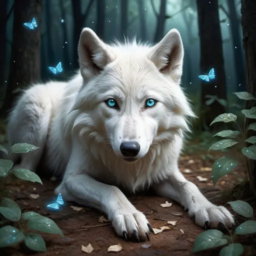 Prompt: A hyper-realistic digital artwork of an adorable cute white wolf lying on the ground, looking directly at the viewer with big and blue, expressive eyes. The fur of the wolf is dense and textured, with each hair finely detailed and shimmering with tiny fireflies under a dimly lit night sky. Leaves gently fall around it, adding to the magical, serene atmosphere. The scene is set on a rough textured surface that resembles the wood. The color palette is dominated by shades of green and grey, emphasizing a chilly, enchanting ambiance