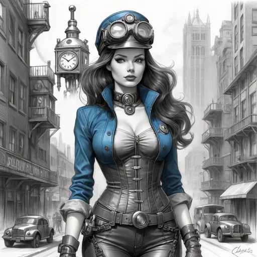 Prompt: Pencil sketch by Charles Miano crafts an illustrative Lois Lane envisioned as a steampunk pilot, her tattooed beauty amplified, interwoven with a sense of realism unparalleled with steampunk essence. She stands alongside a towering mechanical robot mirroring the charm of the 14th century London, a city caught mid-century transition. Adorned in a vibrant blue-red jacket flaring open, her long ginger