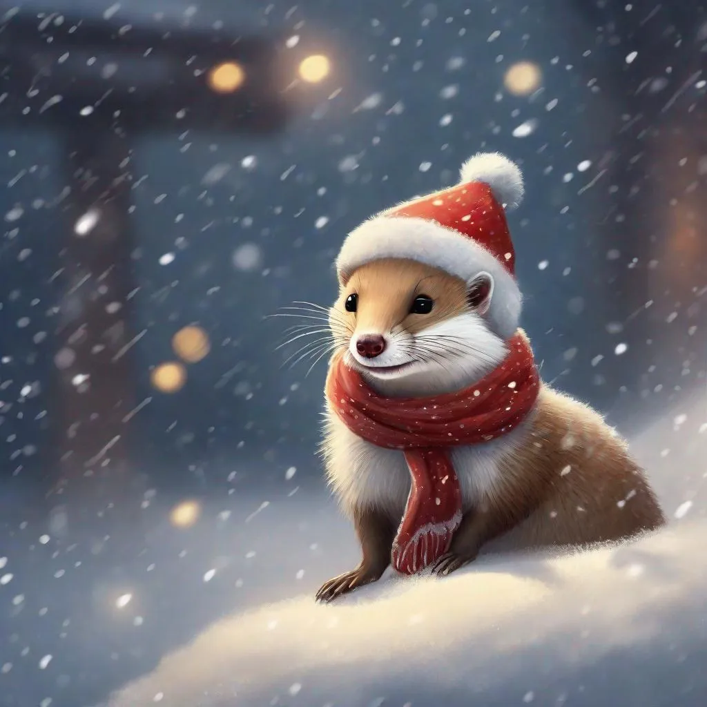 Prompt: Snowy scene of a small charming weasel in a festive scarf and Christmas hat, gentle snowfall, cozy and heartwarming atmosphere, detailed fur with soft textures, winter wonderland setting, high quality, digital painting, festive colors, soft lighting, small charming weasel, snowy scene, festive scarf, Christmas hat, gentle snowfall, cozy atmosphere, heartwarming, detailed fur, winter wonderland, high quality, digital painting, festive colors, soft lighting