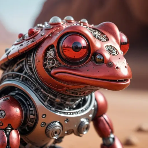 Prompt: A city on Mars, Macro photography, close-up, hyper detailed, trending on artstation, sharp focus, studio photo, intricate details, highly detailed, Red sculpture of "Pepe the Toad", as a cyborg robot, by greg rutkowski, 