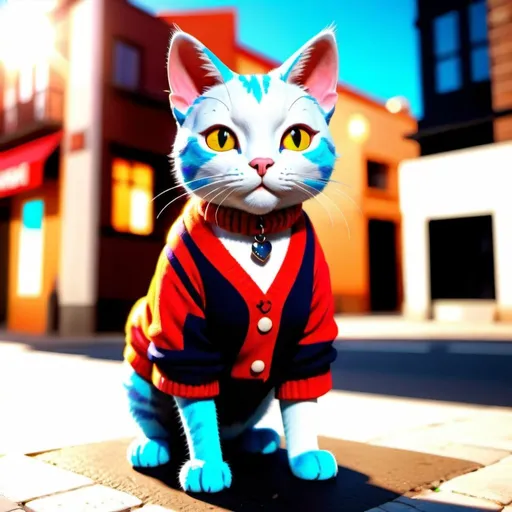 Prompt: A cat in fashionable clothes stands on the street, warm sunshine, warm colors, facing the camera, healing system, 3d, blender, redshift, realistic rendering details, high definition, 8k, --ar 3:4