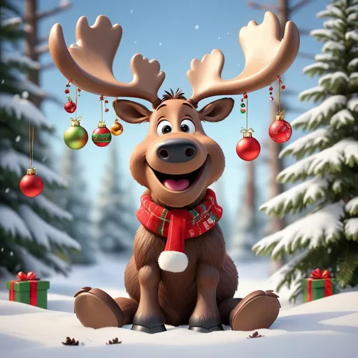 Prompt: Create a photo-realistic image of a cute Pixar-style, smiling moose with Christmas accessories, sitting in the snow. The background should feature a bright and sunny, snowy forest with fir trees adorned with Christmas garlands and decorations. This is for product photography, aiming for a whimsical and playful atmosphere within a sunny environment. It should be a medium shot with natural light, aiming for an ultra-realistic look.