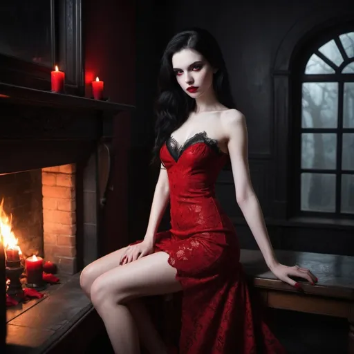 Prompt: beautiful black hair red eyes pale skin red lipstick long eyelashes girl vampire bare neckline see through dress red high heels dark room moonlight through window fireplace