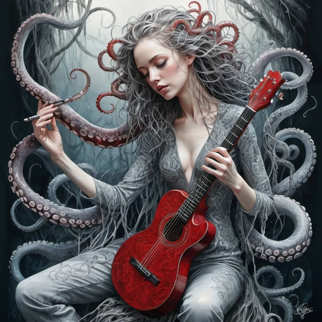 Prompt: art by cameron gray
 karol bak, Seb McKinnon,   
ultra highly detailed, detailed 
digital painting, highly detailed, intricated, intricated pose, clarity, high quality

"The octopus explain tentacles, playing guitar, grey/red, deep sea, weeping willow on the bank, intricately detailed, hyperdetailed, surreal, flowing acrylic  :: fantastical watercolour calligraphy by WLOP"
