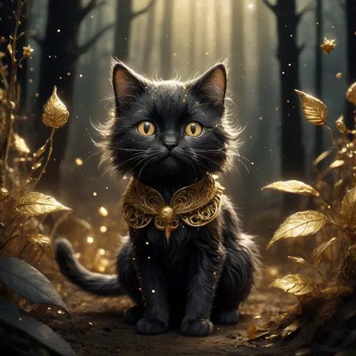Prompt: An illustration of a small magical cute forest black gold cat,  magical gold dust in the air, intricate details, Jean-Baptiste Monge style, dramatic shooting angle, atmospheric particles, real, raw cinematic photorealism, action portrait, 8k, detailed, centered, full frame




