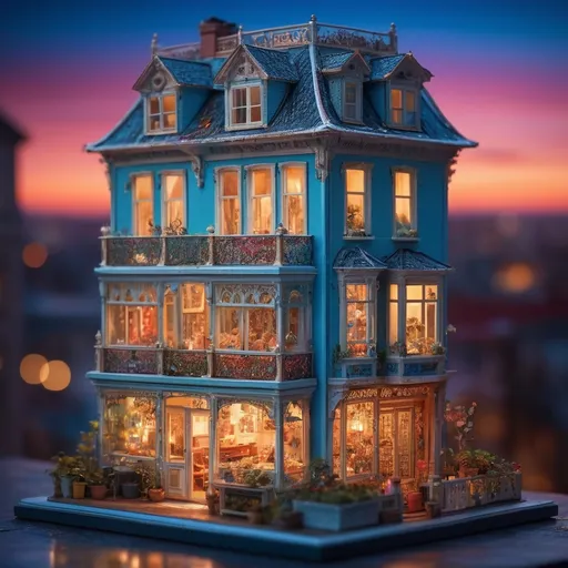 Prompt: dolls house, very intricate, ultra detailed, bright, crispy, unreal image, visionary, methaphysical, colorful, blury background,  window, night, Schim Schimmel and Andrei Sokolov style, Miki Asai Macro photography, close-up, hyper detailed, trending on artstation, sharp focus, studio photo, intricate details, highly detailed, by greg rutkowski