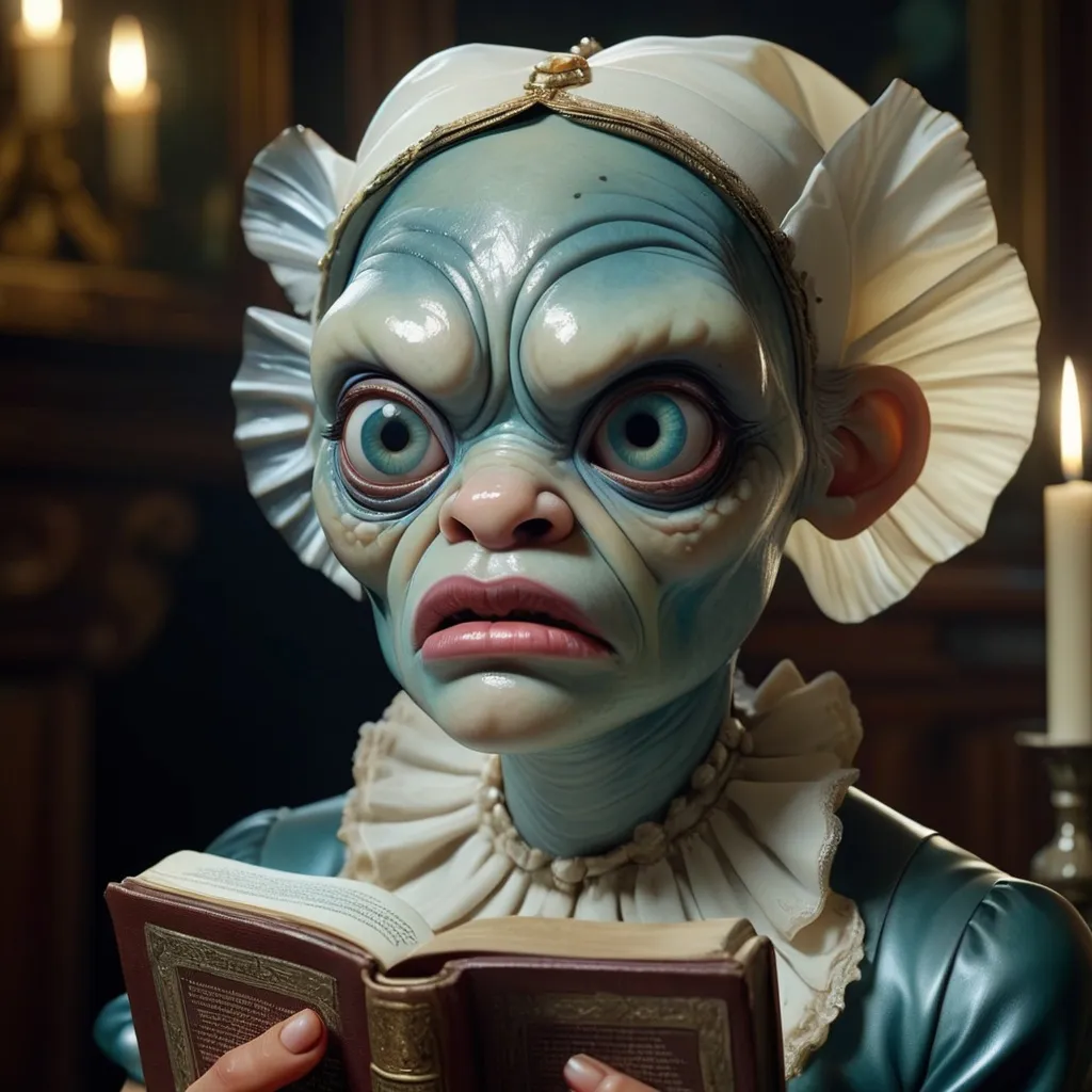 Prompt: photorealism, an anthropomorphic lady fishface hybrid creature holding a bible, extremely realistic, sharp details, shot by Steven Klein and Nan Goldin, intricately detailed background, photorealism, insanely detailed face, perfect pupils, expressive eyes, ambient lighting, intricately detailed location, HD, 8k