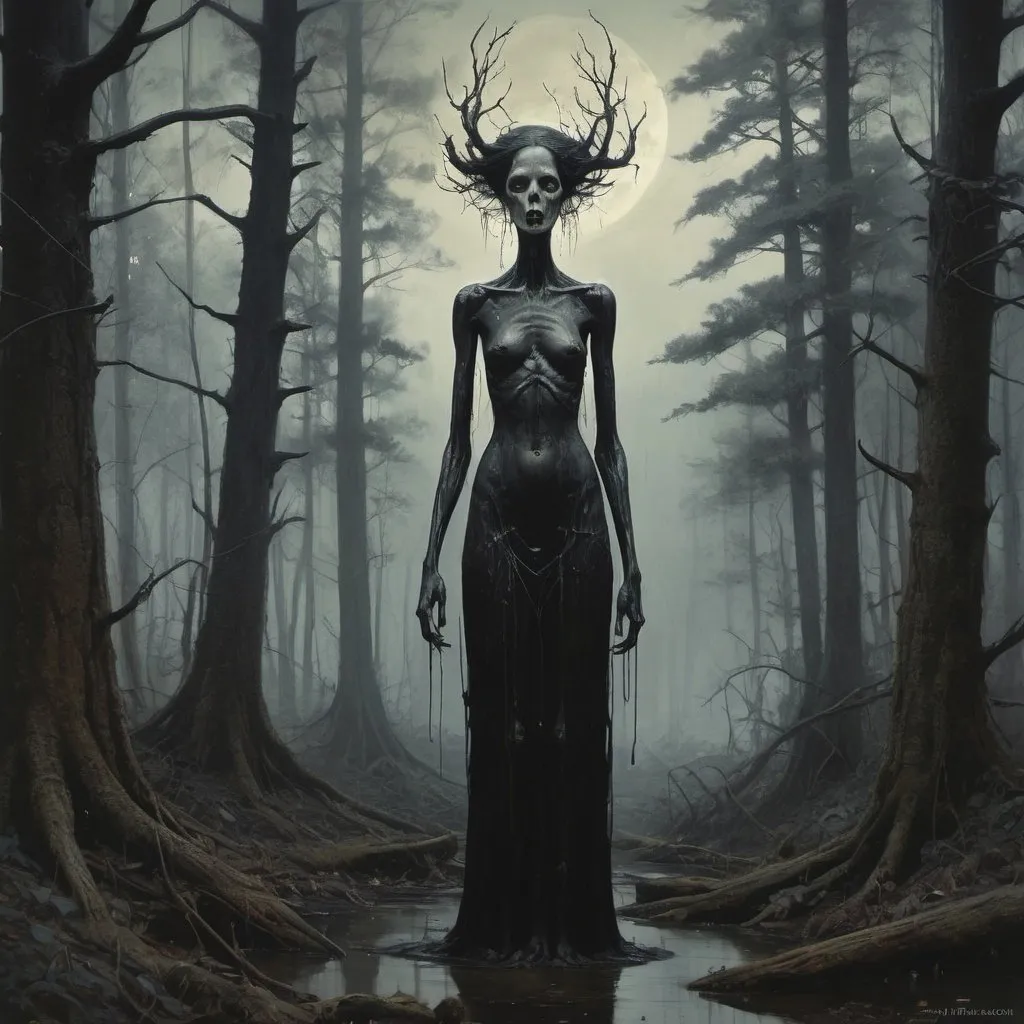 Prompt: Dark Appalachian forest at night, slender humanoid :: siren head horror :: brushes, ink, paper :: deformed terror :: photorealistic matte painting, by Tom Bagshaw, Jeremy Mann :: hyperdetailed, hypermaximalist :: epic :: low lighting :: oil painting, black ink drip :: chromolithograph