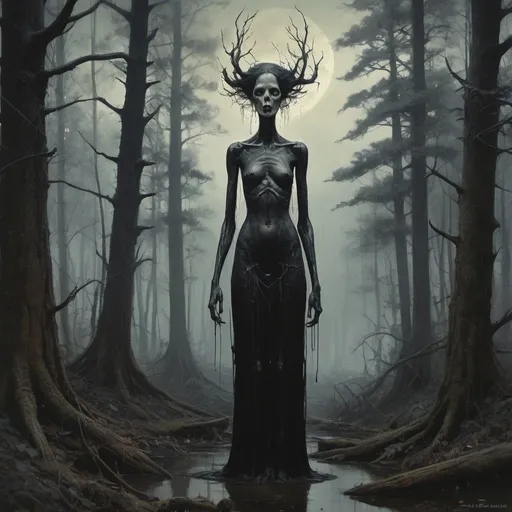 Prompt: Dark Appalachian forest at night, slender humanoid :: siren head horror :: brushes, ink, paper :: deformed terror :: photorealistic matte painting, by Tom Bagshaw, Jeremy Mann :: hyperdetailed, hypermaximalist :: epic :: low lighting :: oil painting, black ink drip :: chromolithograph