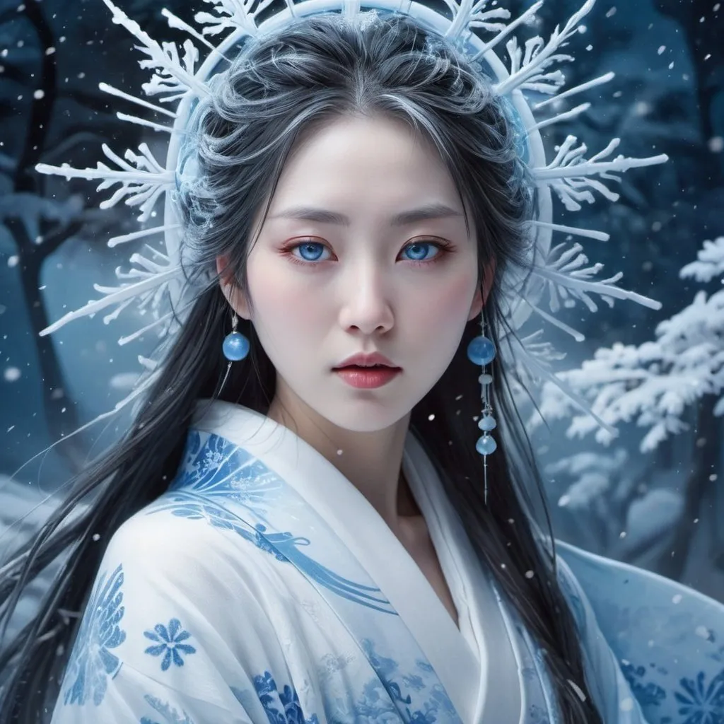 Prompt: <mymodel>Highly detailed digital painting of Yuki Onna, ethereal ice queen with flowing kimono, intricate snowflake patterns, piercing blue eyes, mystical atmosphere, Japanese folklore, supernatural beauty, icy blue and white tones, soft glowing light, 4k, ultra-detailed, digital painting, Japanese folklore, ethereal, intricate details, mystical, icy blue tones, supernatural beauty, soft lighting