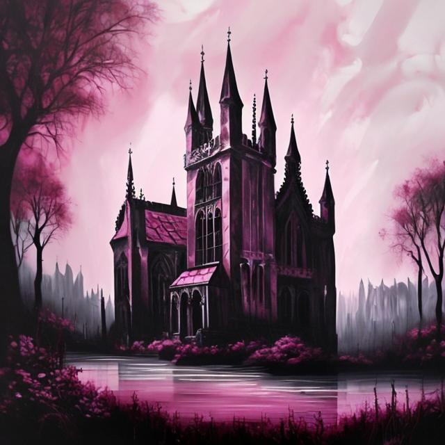 Prompt: Gothic style painting with pink and white with landscapes 