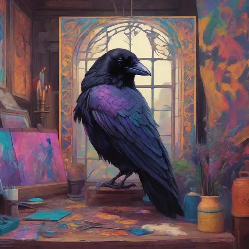 Prompt: Dungeon synth aesthetic, a beautiful raven in colorful clothes, painting a lovely picture on a canvas, indoor, daytime