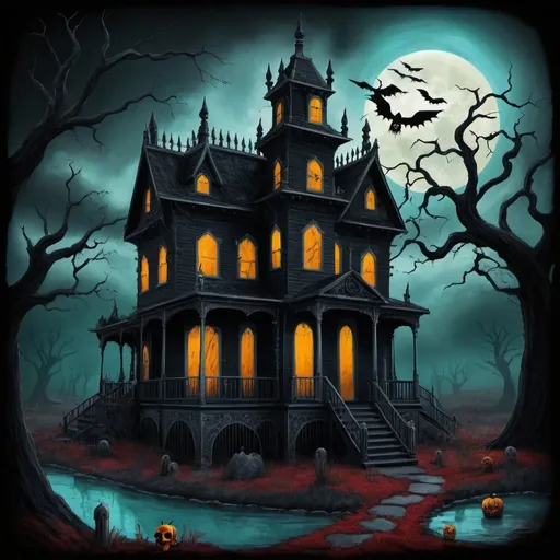 Prompt: Haunted House of Horrors and Torment Vacation Home, Inspired by Andy Kehoe, Tim Burton and Salvador Dalí. Day of the Dead. Complementary Colors. Wraiths. Black Plastic Whirlpools of Oil. Lightning. The End of Days. Goth Fashion. Angels. Demons. Black Fog.