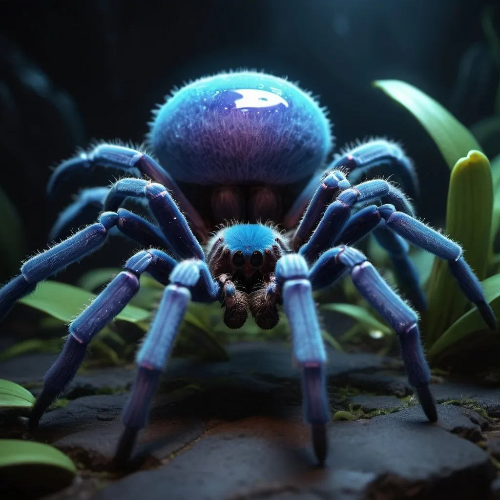 Prompt: Blue orchid bioluminescence Tarantula, detailed matte painting, deep color, fantastical, intricate detail, splash screen, complementary colors, fantasy concept art, 8k resolution trending on Artstation Unreal Engine 5