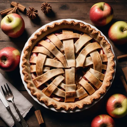 Prompt: a very tasty apple pie on a table, sidewiev, bakery, food photography, UHD, tasty, hipster aesthetics, rustic village vibes