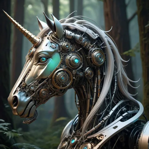 Prompt: Intricate gorgeous detailed Robotic metallic Unicorn with a glow metallic robotic spiral horn, fantasy magical illuminated robotic forest at the background, breathtaking borderland fantasycore artwork by Android Jones, Jean Baptiste monge, Alberto Seveso, Erin Hanson, Jeremy Mann. maximalist highly detailed and intricate professional_photography, a masterpiece, 8k resolution concept art, Artstation, triadic colors, Unreal Engine 5, cgsociety