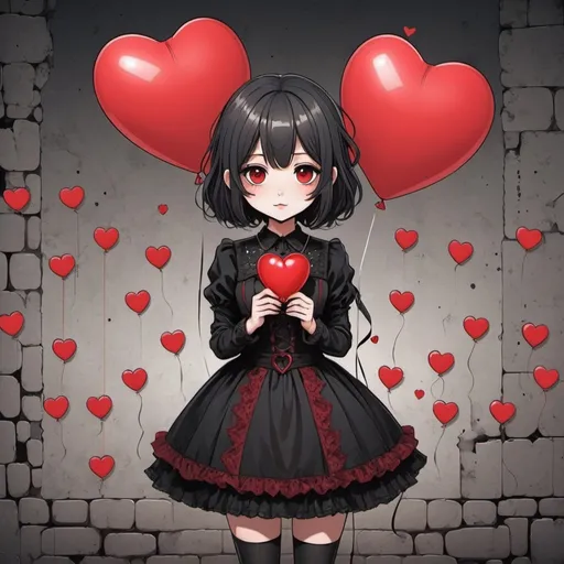 Prompt: beautiful gothic girl holding red heart-shaped balloon, full body, chopped wall with little hearts as background, manhwa webtoon style