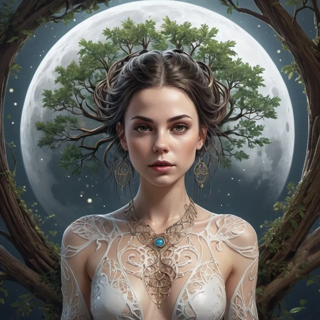 Prompt: Lena Meyer-Landrut, Mystical Art by VirtuellArt, a moon, tree of life, roots, full body, beautiful, splash, Glittering, filigree, rim lighting, lights, magic, surreal, fantasy concept art, digital art, wlop, rossdraws and james jean, digital Art, perfect composition, beautiful detailed intricate insanely detailed octane render artstation, 8k artistic photography, photorealistic concept art, 