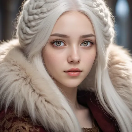 Prompt: beautiful 20 year old women with white hair, white eyebrows, light skin, realistic, ultrarealistic, high quality art, bright eyes, long hair, beauty, real, long hair, symmetrical, anime wide eyes, fair, delicate, medieval, wearing a big fur coat 