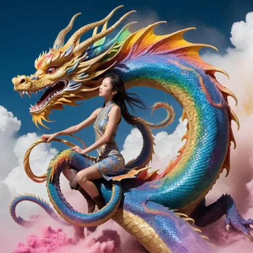 Prompt: A very, very thin and very long oriental dragon struggling, entangled with clouds and arabesque patterns. A beautiful girl riding on the back of a gold blue dragon and embracing the dragon's body, The background shows rainbow-colored powder spreading like an explosion. only asian dragon, Ultra close-up photography, Ultra-detailed, ultra-realistic, full body shot, Distant view, , oriental dragon