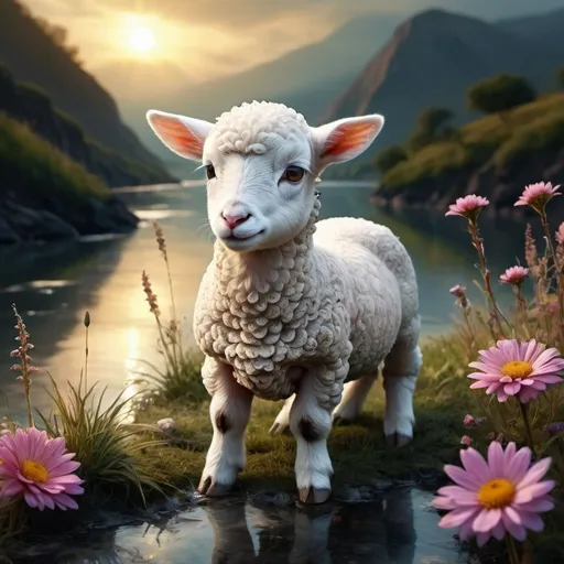 Prompt: Fantasy Realism, mesmerizing HDR highly detailed, digital art, in the style of Andy Kehoe and Luis Royo, eyes closed cute little lamb kneeling and praying by a huge wide river  and beautiful flowers on the other side of the river, sharp focus, very stylish, chiaroscuro, highly detailed, high definition, hyperrealistic, illustration, seamlessly blending watercolor and  ink elements, UHD, perfect curved line composition, cinematic, bright lighting, intricate background with vibrant ink splatters, deep faded and muted triadic colors, beyond the realm of reality, 32k, Broken Glass effect, no background, stunning, something that even doesn't exist, mythical being, energy, molecular, textures, iridescent and luminescent scales, breathtaking beauty, pure perfection, divine presence, unforgettable, impressive, breathtaking beauty, Volumetric light, auras, rays, vivid colors reflects, Broken Glass effect, no background, stunning, something that even doesn't exist, mythical being, energy, molecular, textures, iridescent and luminescent scales, breathtaking beauty, pure perfection, divine presence, unforgettable, impressive, breathtaking beauty, Volumetric light, auras, rays, vivid colors reflects