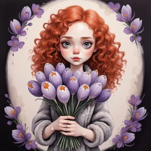 Prompt: a cute girl with red hair with curls and now a fur coat is holding a bouquet of crocuses in the style of Tim Burton
Painting with pastels, felt-tip pens and wet paints
detailed
colorful
pastel colors paintings
white, soft beige, smoky lilac
don't take your eyes off