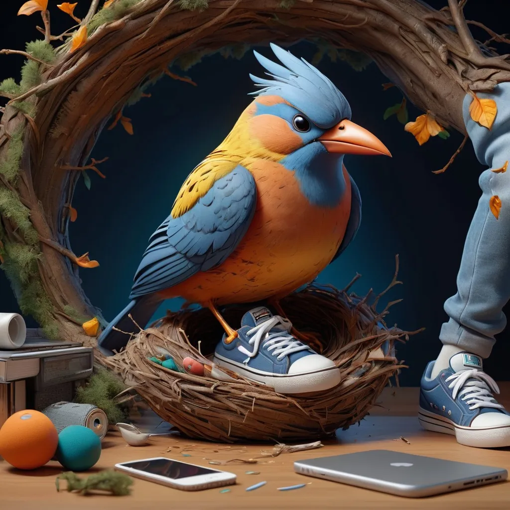 Prompt: Extremely realistic bird. In a sweatshirt, jeans and sneakers. Making a nest. Volumetric lighting, maximalist photo illustrations, 8K concept art, meticulously detailed, complex, expansive, fantastical.