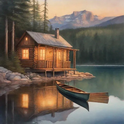 Prompt: Rustic cabin, nestled on mountain lake shore, surrounded by towering pines, reflecting on crystal clear water, warm glow from inside windows at twilight, canoe resting by the dock, distant mountains in soft focus, watercolor style, serene atmosphere, golden hour lighting, vivid colors, ultra-realistic.