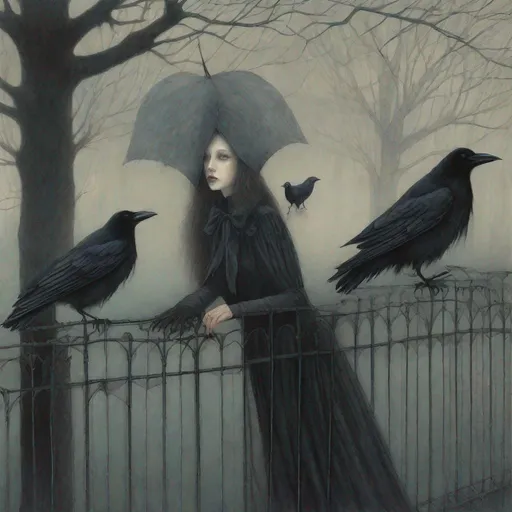 Prompt: illustration by Angela Barrett, crows, ominous, carnival atmosphere, moody, gothic fantasy aesthetic ominous, highest quality, taschen