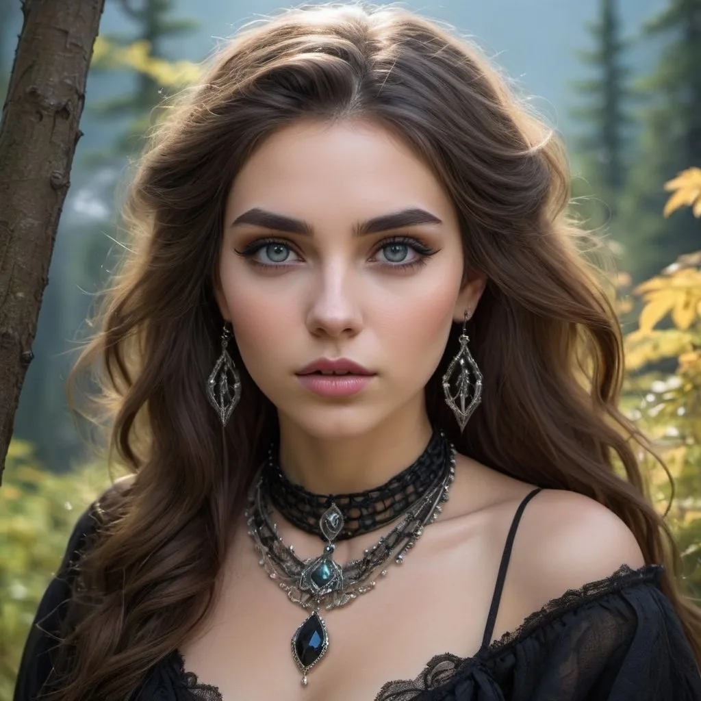 Prompt: girl, expressive eyes, plump lips, neat nose, bright makeup, glamorous mountain witch, black electric color, a lot of hair, woven from the finest transparent smoke, mountains, magic, jewelry, forest, trees, fashion, couture, hyper-detailed face, professional photo , realistic, high resolution, high detail, photorealism, depth of field, 32k, 30mm lens, 1/250s, f/2.8, ISO 300