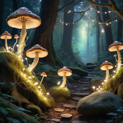 Prompt: Enchanted forest, cascading moss draped over weathered rocks, whimsical fairy lights interwoven among the trees, groups of bioluminescent mushrooms providing a gentle glow, magical fairies takes flight, delicate wings shimmering, painted in watercolors, atmospheric perspective, silhouette of fairies against twilight sky, soft focus, bokeh effect from the fairy lights, dappled sunlight filtering through the can